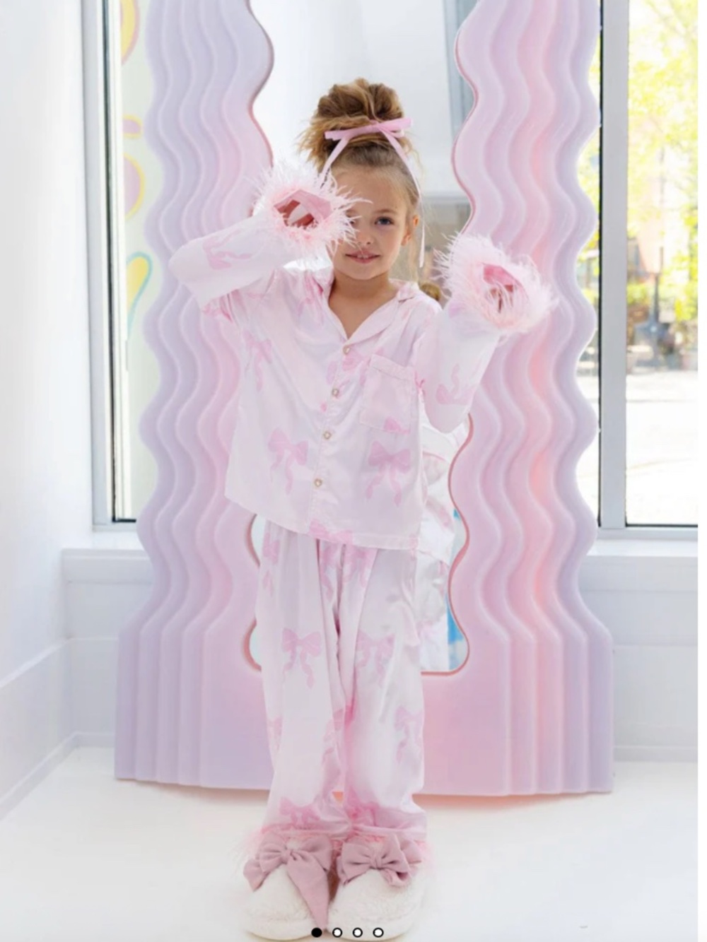 NWT Lola & The Boys Pretty in Bows Silky Pajama Set Pink Feather Trim Size 6